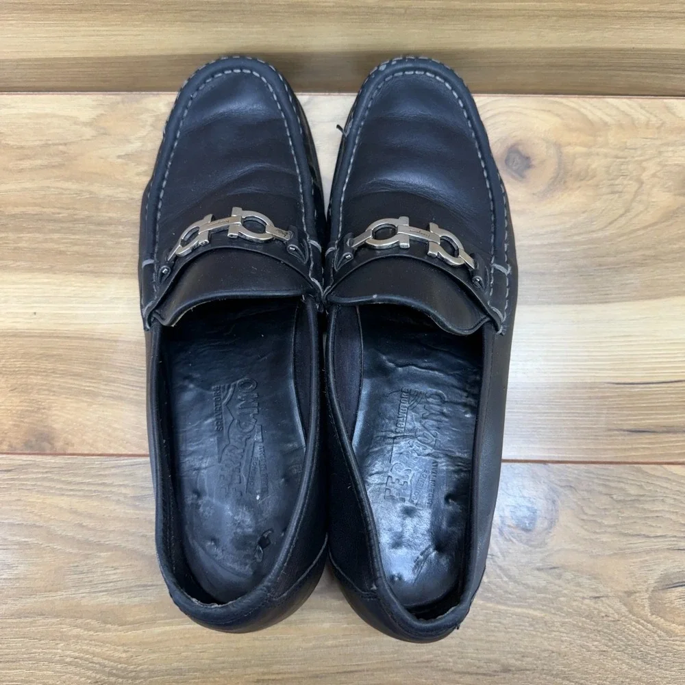 Salvatore Ferragamo Gancini Bit Loafers Mens 9 EE Black Leather Moc Toe Formal